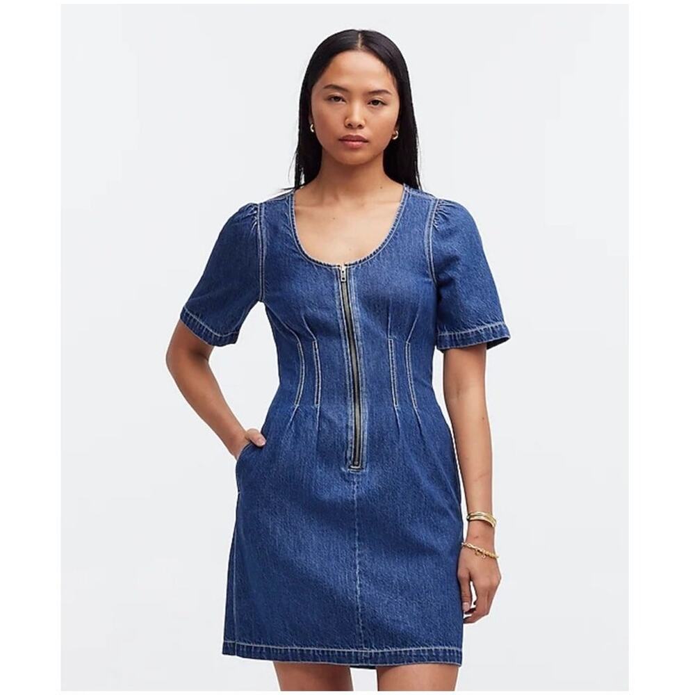 Madewell Dress WMNS 00 Blue Puff Sleeve Zip Front A-Line Mini Y2K Denim Revival - Picture 7 of 7